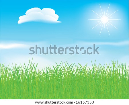 Vector - beautiful spring meadow with fluffy clouds and detailed grass