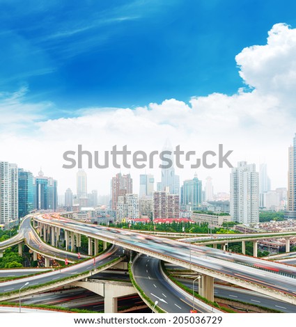 overlooking the vehicle motion blur on shanghai elevated road junction and interchange overpass