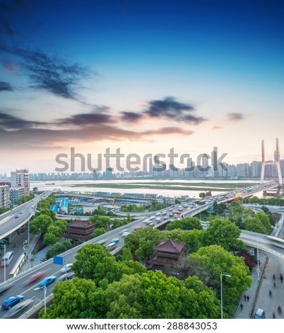 overlooking the vehicle motion blur on shanghai elevated road junction and interchange overpass