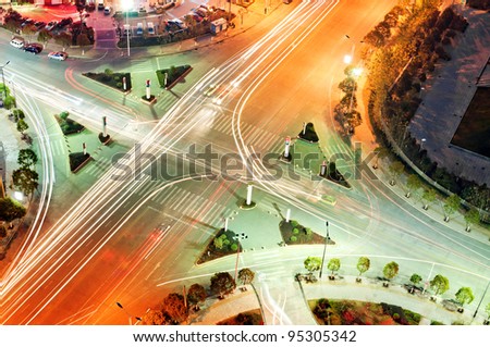 Night bird\'s eye view of the city crossroads