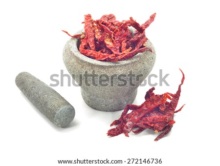 stone mortar and pestle with dry chillies