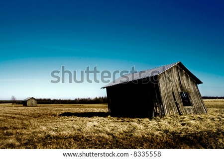 old and deserted barn on a yellow field