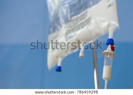 Close up of Total Parenteral Nutrition (TPN) fluids bag on IV stand for feeding person intravenously, bypassing usual process of eating and digestion