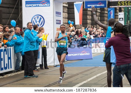 Prague, Czech Republic - April 5, 2014, runner Mosinet Geremewafter finish line on Half Marathon Praha