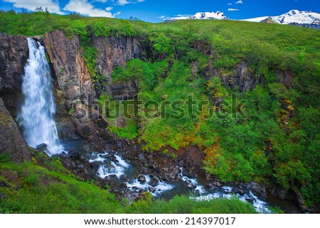 Amazing waterfall at the southside of Iceland near Svartifoss waterfall and Hvannadalshnukur glacier