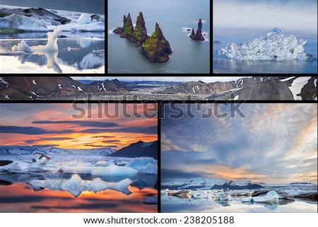 Photo collage from Iceland. Collage includes major natural landmarks like the Jokulsarlon  and Vik