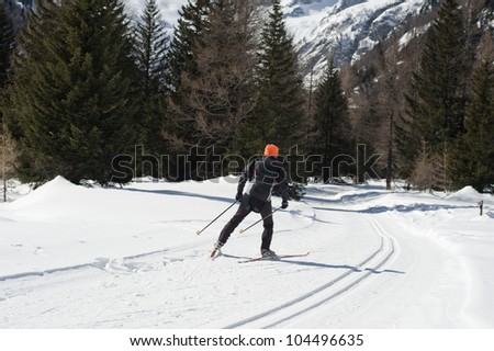 cross-country skier in sunny mountain landscape