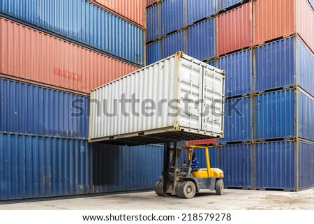 Forklift handling container box loading to truck in import export zone