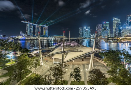 Singapore, 29 January 2015, Marina Bay Sand laser show view from Esplanard at Marina bay