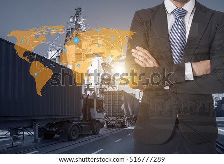 Global logistics network business connection concept with industrial container cargo freight ship and Logistic Import Export background