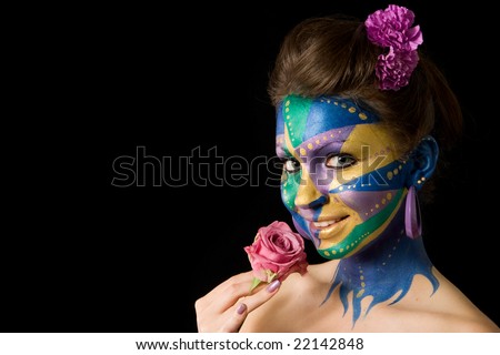 body painting poses on a black background. Mardi Gras color theme