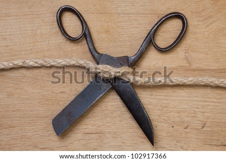 Old scissors on wood in rope knot