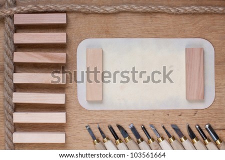 Wood carving tools and paper blank
