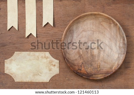 Wooden Plate, Paper Labels On Oak Wood Texture Background