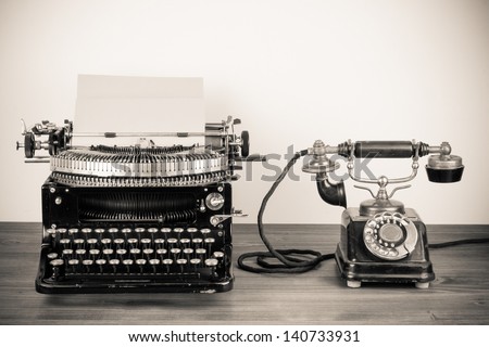 Vintage Typewriter And Telephone Old Style Sepia Photography