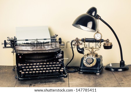 Vintage Typewriter, Old Rotary Telephone, Table Lamp, Pocket Watch Still Life