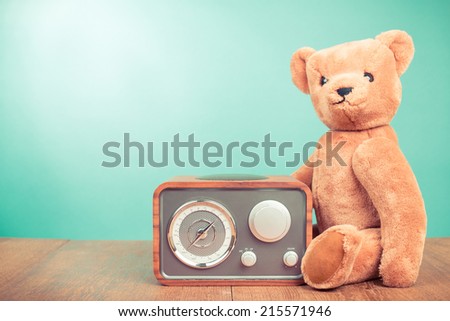 Teddy Bear, retro radio front gradient mint green wall background