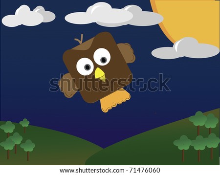 cute owl flying over hills at night
