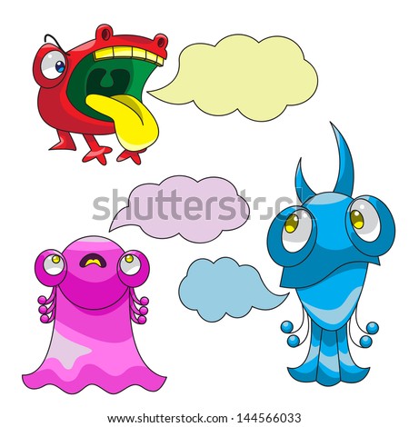 Emotions of fear, doubt and anger are in the form of three colorful monsters with clouds for the text