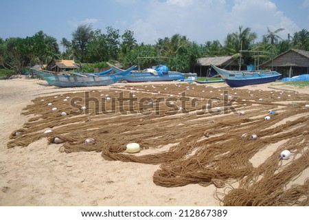 Fishing village and fishing nets on the shores of the Indian ocean,Sri Lanka.