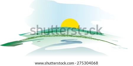 watercolor vector landscape with sun and river