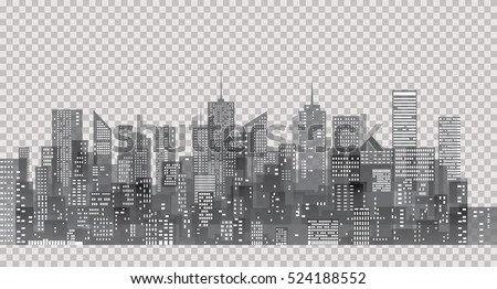 white windows on city skylines, transparent cityscape background, editable and layered