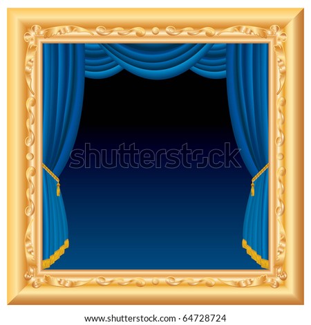 vector abstract composition with blue stage inside baroque frame, layered and fully editable