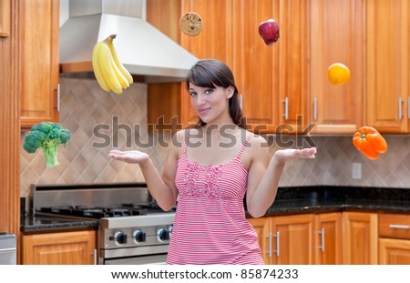 Attractive woman ponders healthy food and diet options