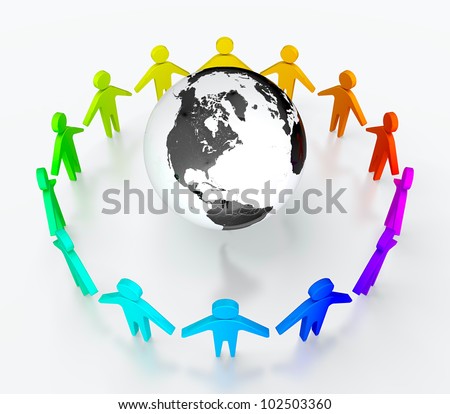 People in circle surrounding the Earth. Symbol of global communication.