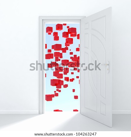 3d render of white door opened to mysterious place