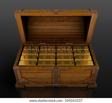 Treasure chest full of gold bars on black background