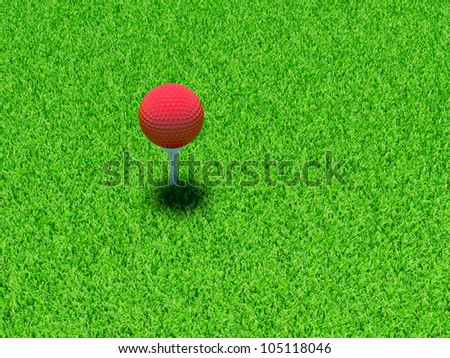 3d render of red golf ball on green lawn
