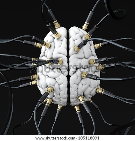 3D illustration of cables connected to brain. Mind control concept