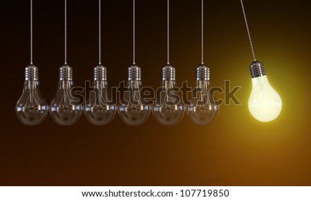 3d illustration of hanging light bulbs in perpetual motion with one glowing light bulb on orange background