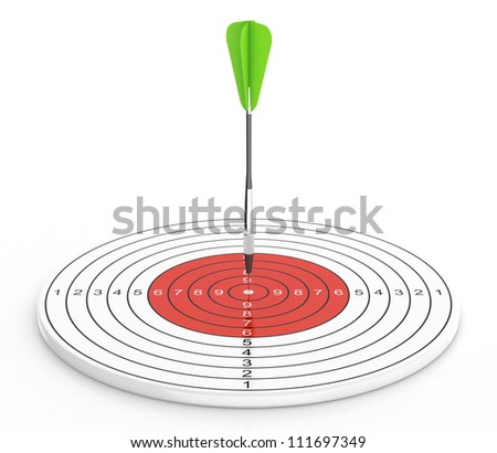 3D illustration of green dart hitting bullseye of red target
