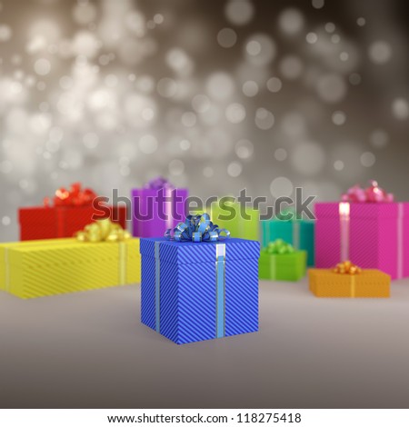 3D illustration of different coloured gift boxes on dark background