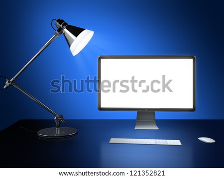 3D illustration of computer monitor, keyboard and desk lamp in dark room on black table