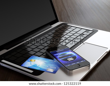Computer Generated Image Of Mobile Phone With Mobile Banking Application On Screen And Credit Card On Laptop.