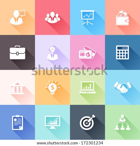 Vector Set Of 16 Flat Business Icons With Long Shadow