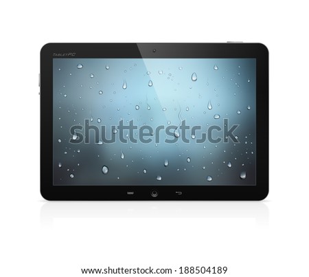 Realistic high detailed illustration of tablet computer with water drops wallpaper on screen isolated on white background