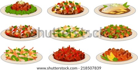 Vector illustration of various asian food dishes.