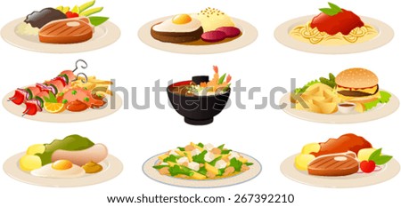Vector illustration of various typical international food dishes.