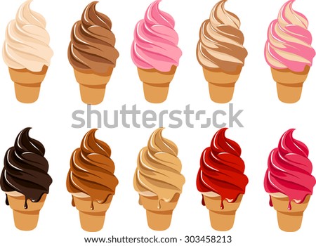 Vector illustration of soft serve ice cream in different flavors.