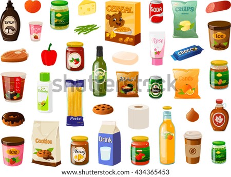 Vector illustration of various items bought in a supermarket.
