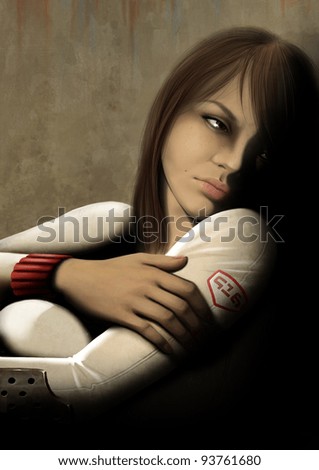 Digital painting of a beautiful sad depressed woman sitting in a hugging pose on an undefined grayish background