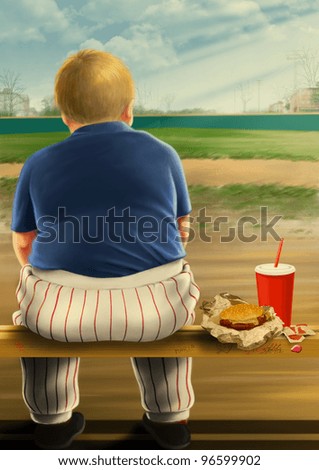 Illustration of a fat kid eating fast food.