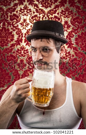 Serious guy mustache wife beater staring drinking beer alone gold fancy bar background muscles white don\'t mess