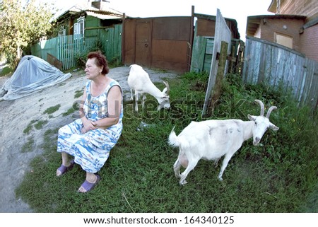 NOVOSIBIRSK REGION, RUSSIA - SEPTEMBER 2: A woman sits and thinks about something in the garden of her house, and it is a goat eating grass, September 2, 2011 in Novosibirsk Region, Russia