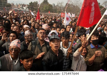 Kathmandu, Nepal - March 4, 2012: Action Communists (Cpn-Uml) Against The Maoist (Ucpn) Party In Kathmandu.