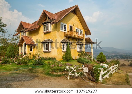 Yellow classic Mountain house on hill, pai, maehongson, thailand